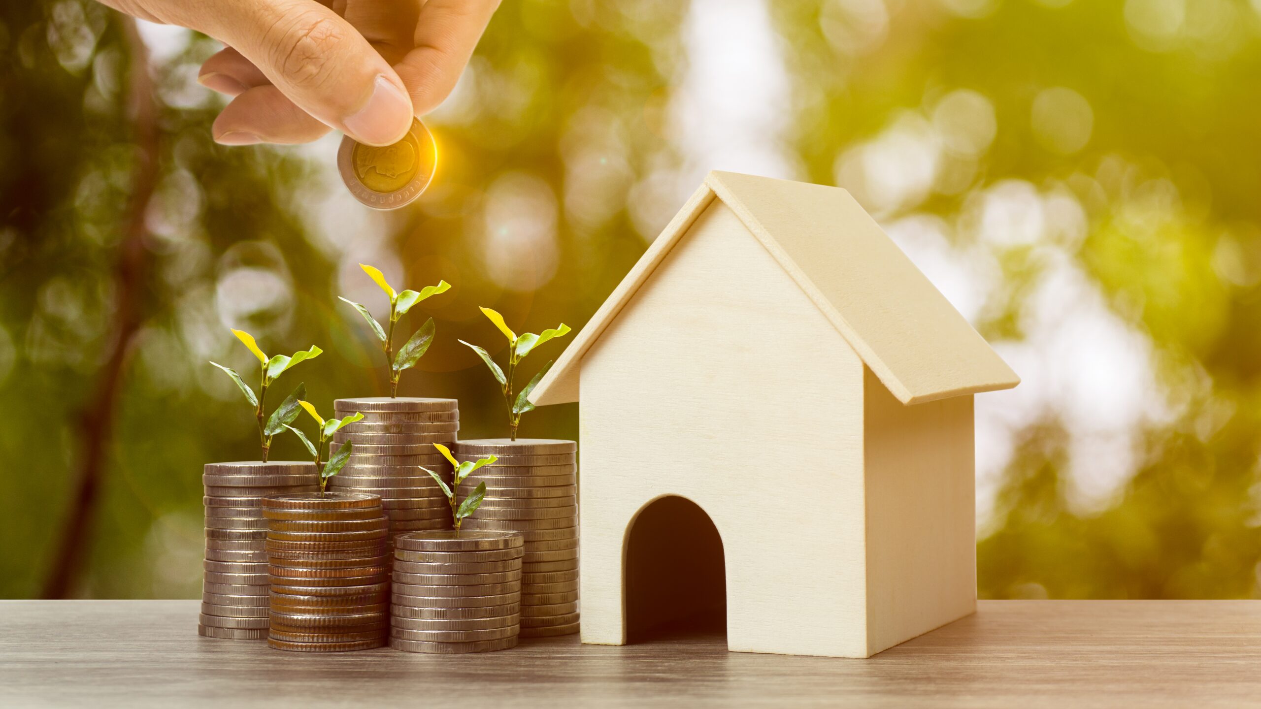 Casa em miniatura ao lado de pilhas de moedas com brotos verdes crescendo, representando investimento no sonho da casa própria.