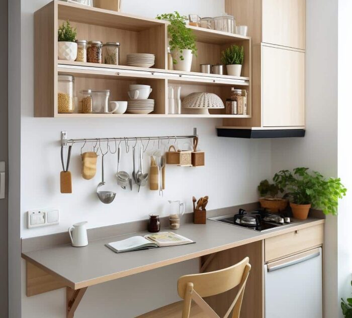 Exemplo de cozinha moderna com aproveitamento vertical e móveis funcionais que se adaptam à rotina do morador, ideal para apartamentos compactos. Cozinha compacta com bancada retrátil e utensílios pendurados na parede.