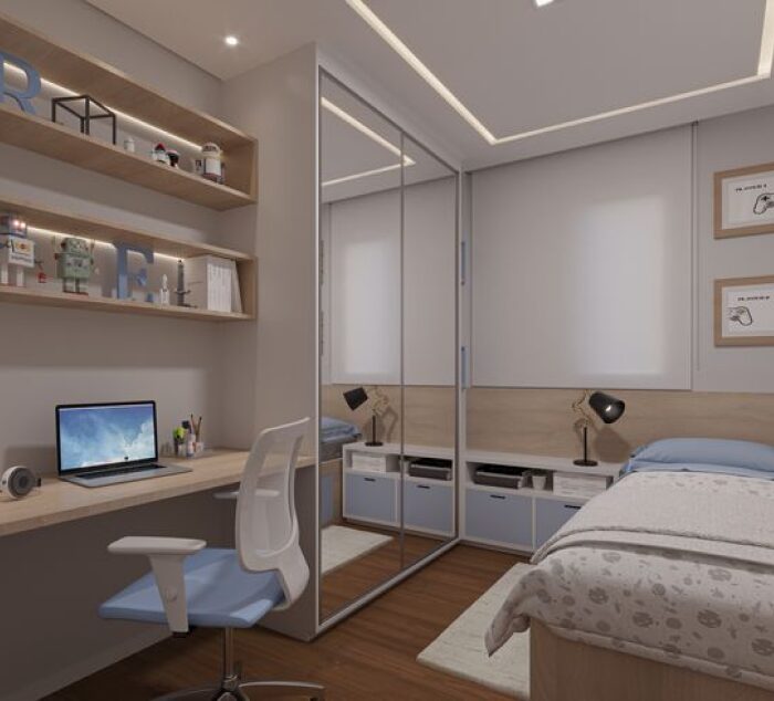 Projeto do empreendimento ZIP que mostra como é possível aliar design moderno e soluções práticas em um espaço infantil. Perspectiva de quarto infantil no Hey! Residence da ZIP, com decoração moderna.