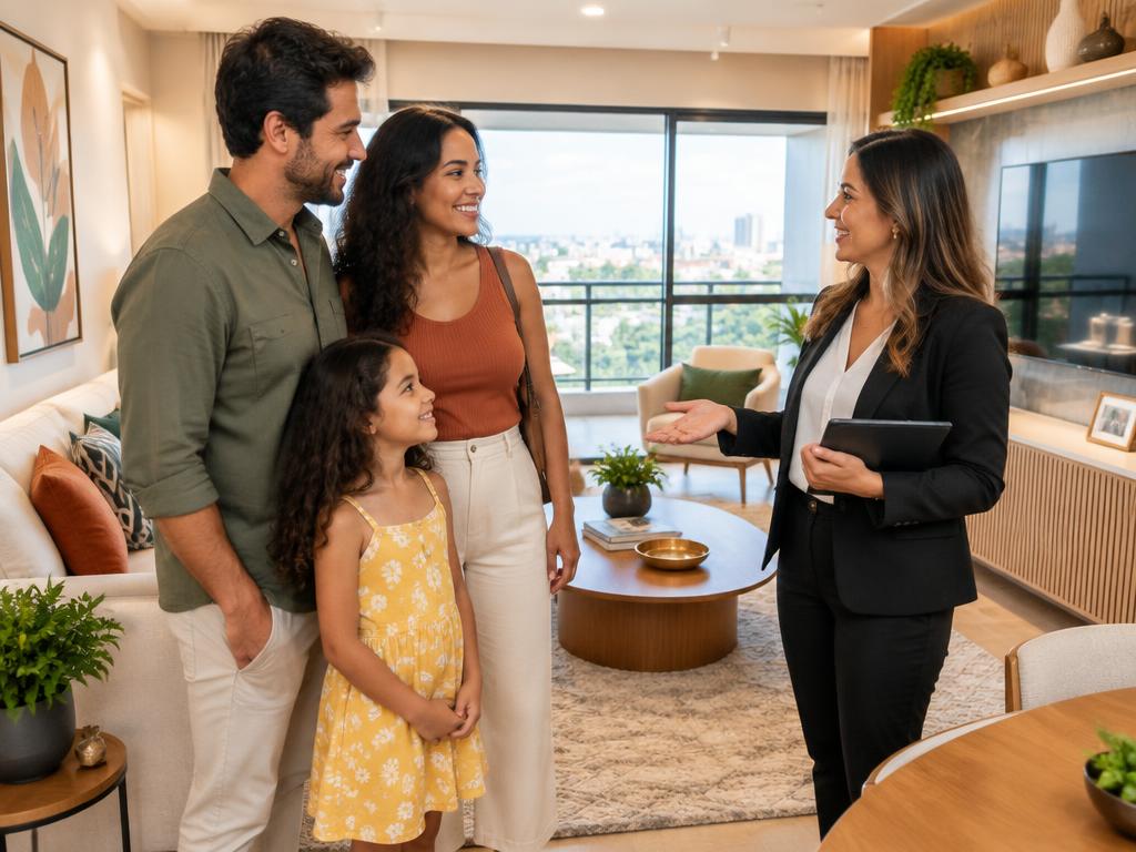 Família visitando apartamento decorado da ZIP