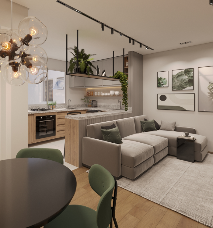 A imagem mostra uma sala decorada de forma moderna e funcional, reforçando o estilo de vida urbano e prático que o Hello! Residence oferece no coração do Barro Preto. Sala moderna e bem iluminada do Hello! Residence, no bairro Barro Preto, em BH.