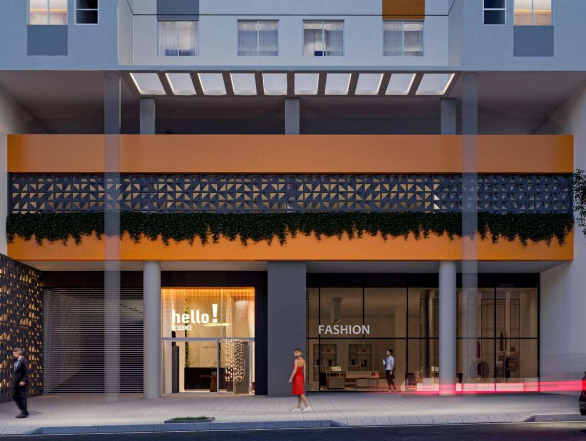 Perspectiva artística da fachada do Hello Residence.