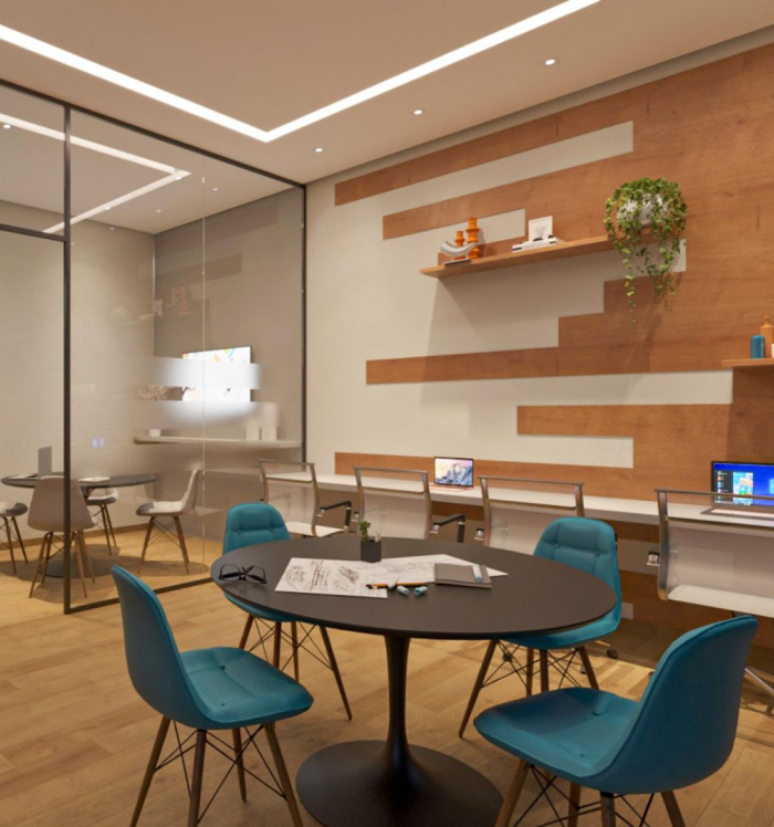 Perspectiva artística do coworking do Hey! Residence. 