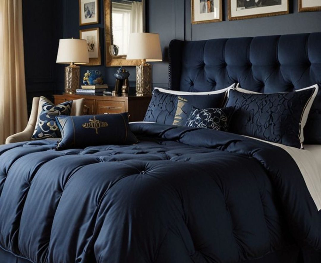 Quarto de casal com parede azul escuro na cabeceira, móveis em tons amadeirados e iluminação suave.