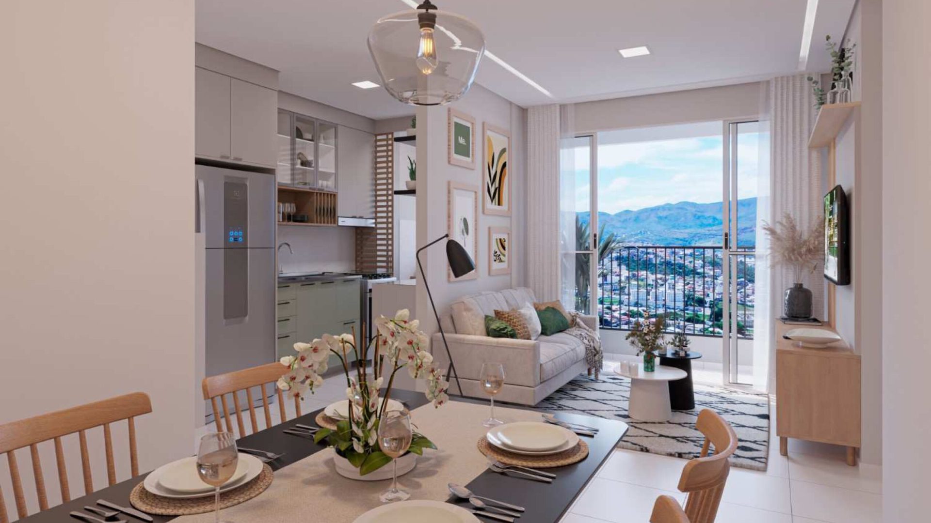 Apartamento do HEY! Residence compacto decorado com ambientes integrados e tons claros.