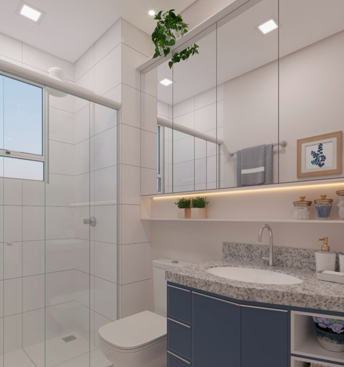 Ambiente de banheiro contemporâneo com revestimentos amadeirados e luz de LED, combinando conforto e sofisticação. Banheiro moderno com revestimento que imita madeira e iluminação embutida.
