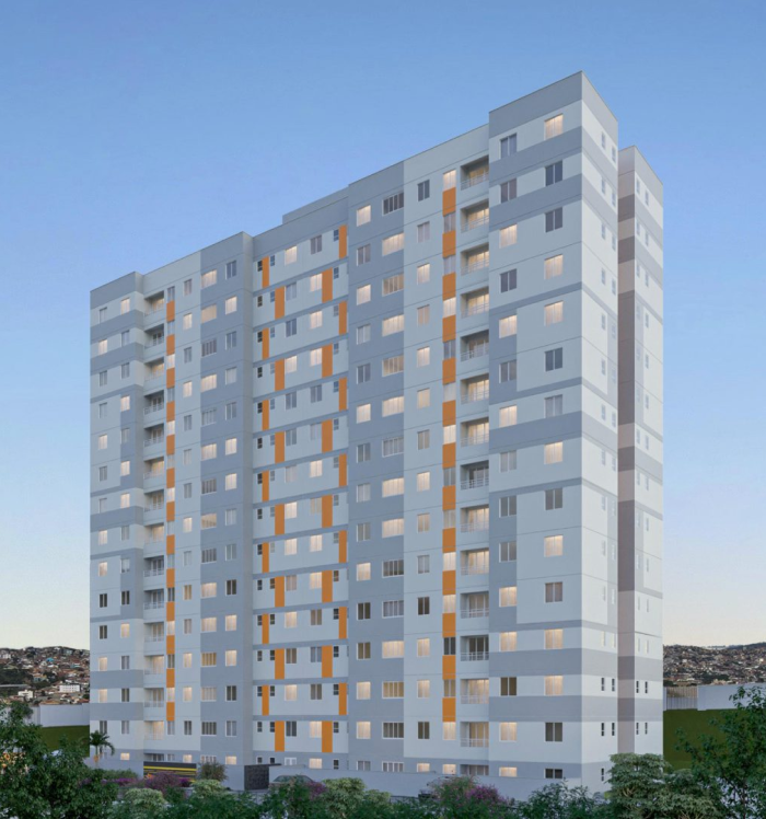 Perspectiva artística do Hey! Residence, um empreendimento residencial com arquitetura moderna e detalhes em tons claros e laranja. Fachada do empreendimento Hey! Residence, da Z!P Incorporadora.
