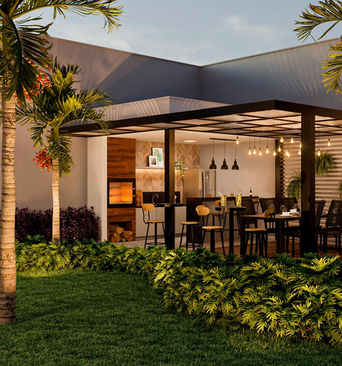 Perspectiva artística do espaço BBQ & Beer do Hello! Residence