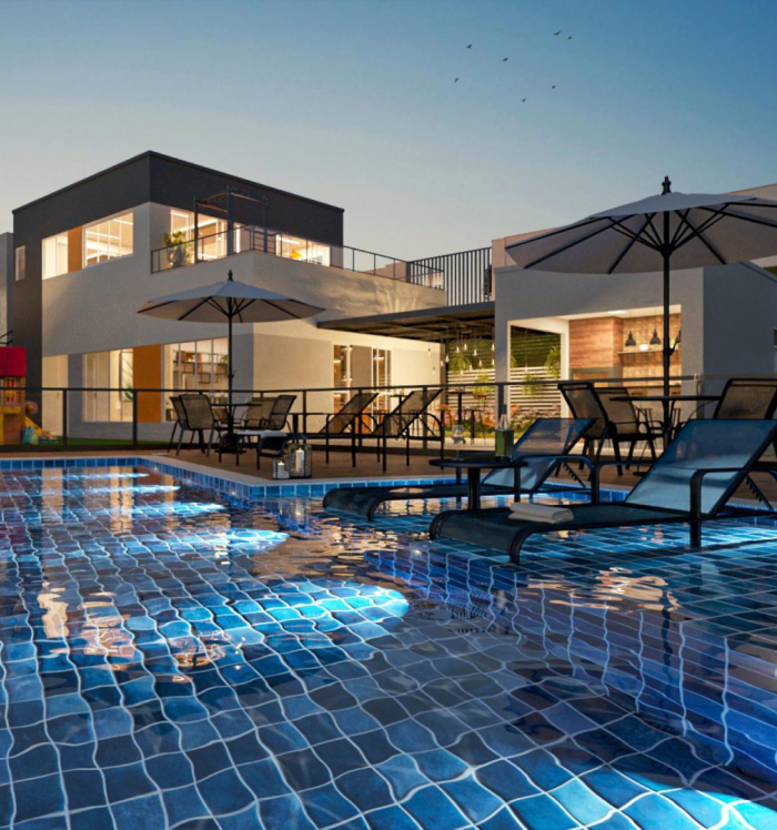 Imagem artística da piscina do Hey! Residence. Perspectiva artística da piscina do Hey! Residence.