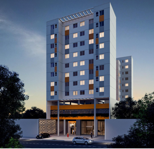 Perspectiva artística da fachado do Hello! Residence. 
