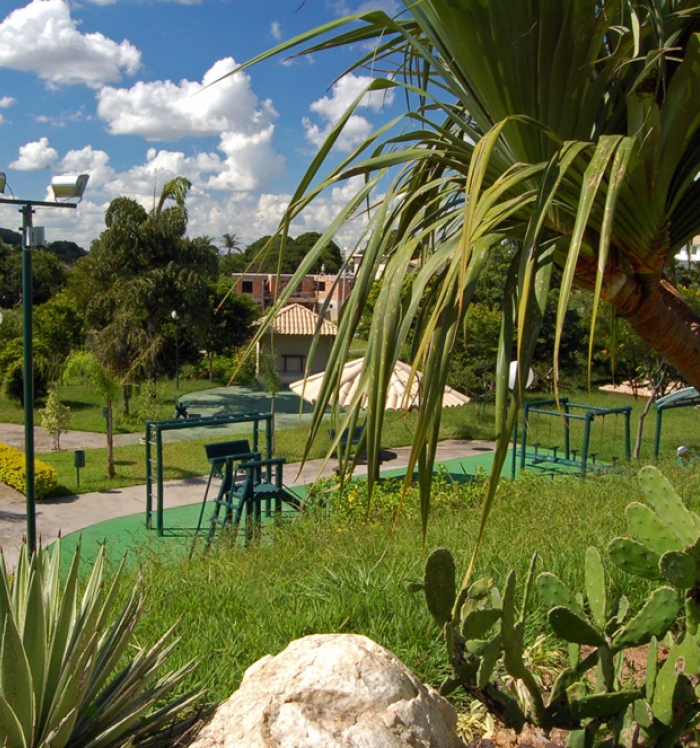 Vegetação com área recreativa no Parque Cássia Eller. Área recreativa do Parque Cássia Eller.