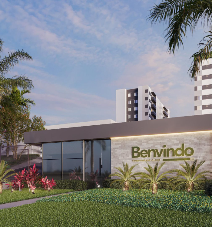Perspectiva artística da fachada do empreendimento Benvindo Condominio Clube. 