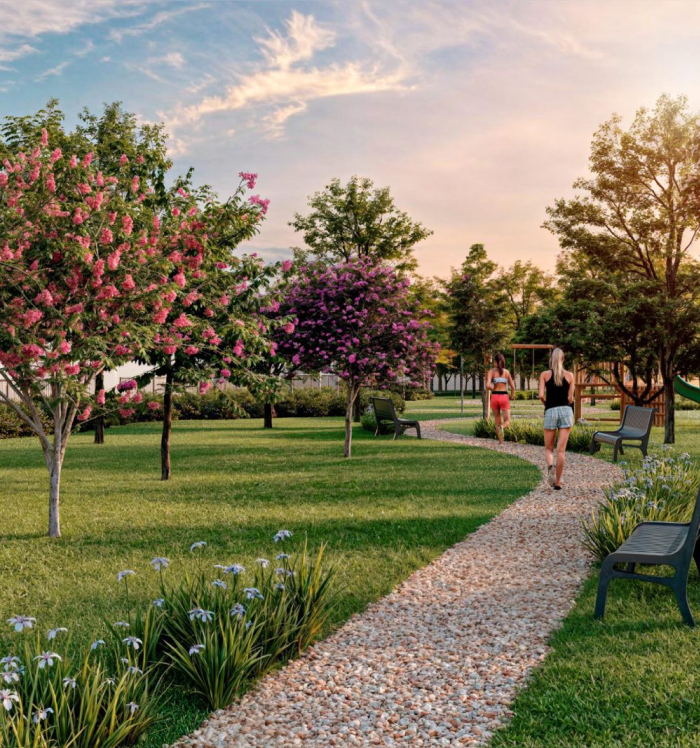 Perspectiva da pista de caminhada do Raízes Residence. Perspectiva artística da pista de caminhada do Raízes Residence.