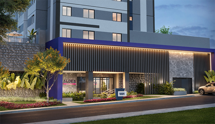 Perspectiva artística da fachada do empreendimento ALDEA Barroca, no bairro Barroca