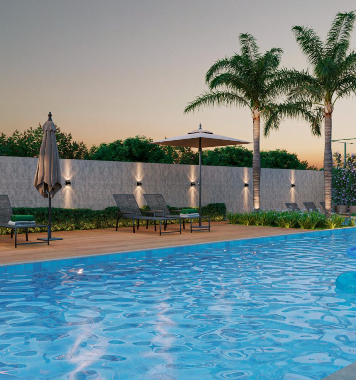 Perspectiva artística da piscina do Benvindo Condomínio Clube. 