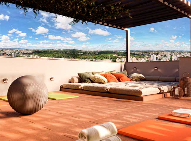Perspectiva artística do rooftop com espaço yoga do Benvindo Condomínio Clube