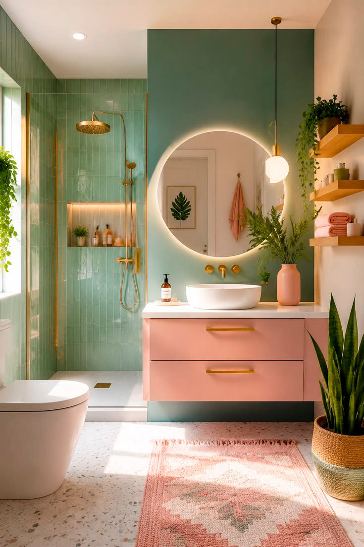Banheiro verde com móveis rosa Banheiro verde com móveis rosa
