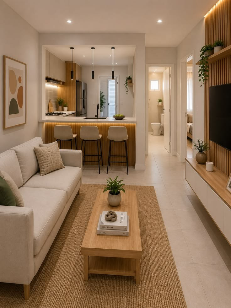 Sala de estar combinando bege, branco e amadeirado Sala de estar combinando bege, branco e amadeirado