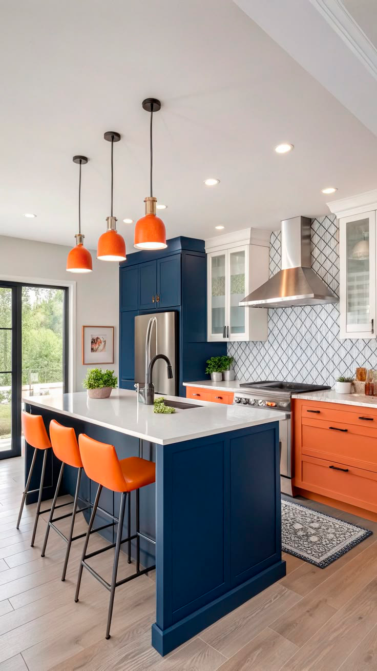 Cozinha com móveis azul e laranja Cozinha com móveis azul e laranja