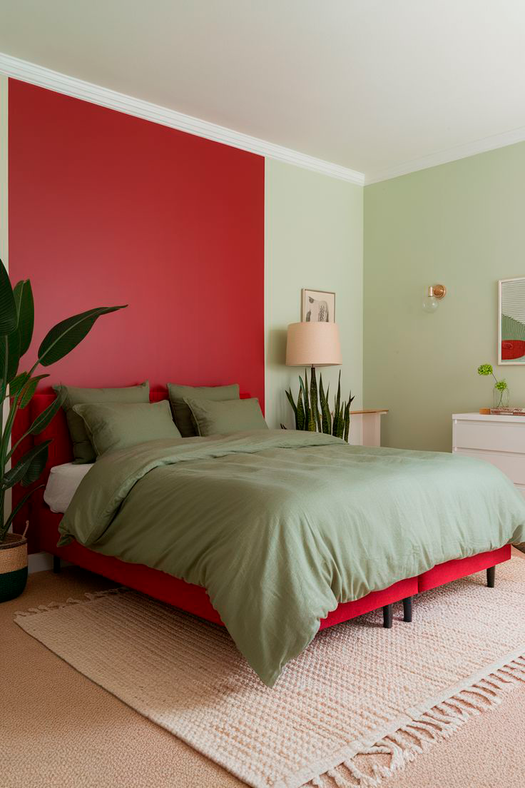 Quarto de casal com as cores verde e vermelho Quarto de casal com as cores verde e vermelho